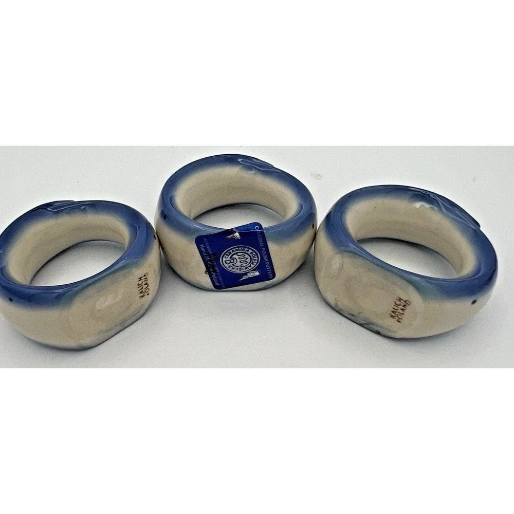 3 Kalich Poland Polish Hand Painted Napkin Rings Blue Floral Porcelain New